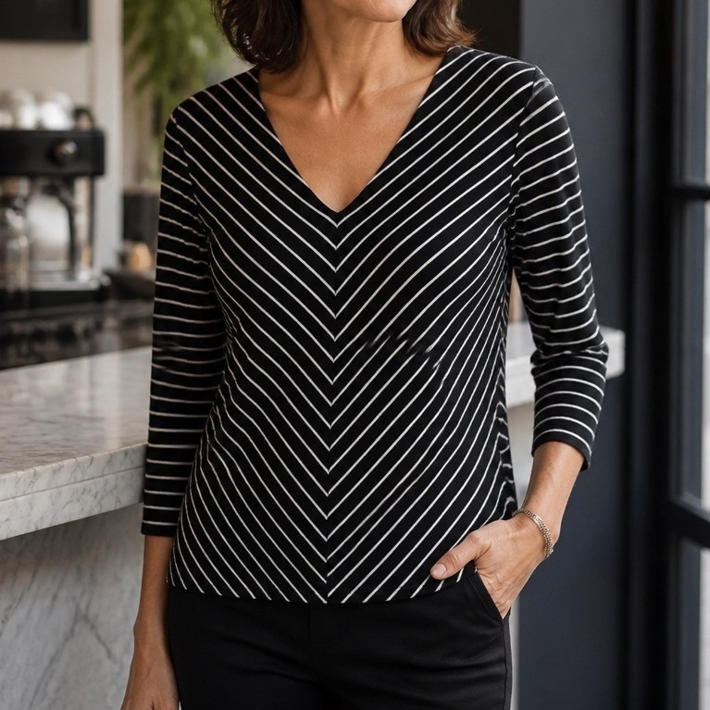 Lauren Ralph Lauren Top Women Large Black White Chevron Stripe V-Neck 3/4 Sleeve